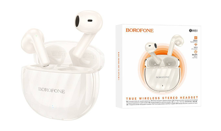 Наушники вакуумные беспроводные BOROFONE BW51 Solid true wireless BT headset Bluetooth (milky white) Наушники вакуумные беспроводные BOROFONE BW51 Solid true wireless BT headset Bluetooth (milky white)