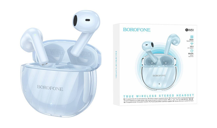 Наушники вакуумные беспроводные BOROFONE BW51 Solid true wireless BT headset Bluetooth (ice blue) Наушники вакуумные беспроводные BOROFONE BW51 Solid true wireless BT headset Bluetooth (ice blue)