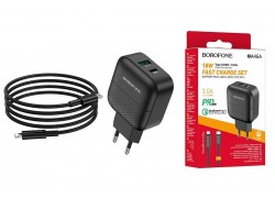 Сетевое зарядное устройство USB + USB-C + кабель Lightning - Type-C BOROFONE BA46A Speed charger PD+QC3.0 (черный)