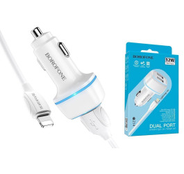 Автомобильное зарядное устройство АЗУ 2USB + кабель Lightning BOROFONE BZ14 Max 2400 mAh (белый)