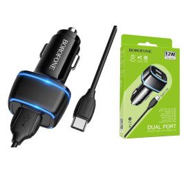 Автомобильное зарядное устройство АЗУ 2USB + кабель Type-C BOROFONE BZ14 Max 2400 mAh (черный)