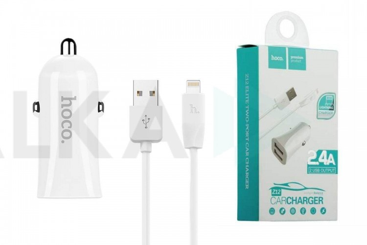 Автомобильное зарядное устройство АЗУ 2USB + кабель Lightning HOCO Z12 3100mAh (белый)