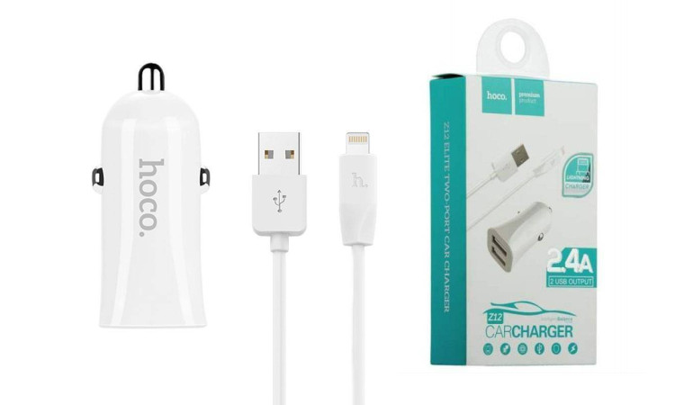 Автомобильное зарядное устройство АЗУ 2USB + кабель Lightning HOCO Z12 3100mAh (белый)