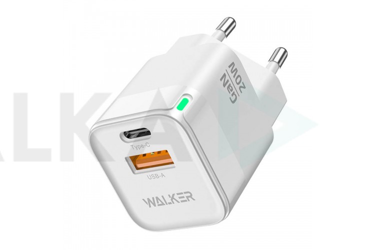 Сетевое зарядное устройство USB + USB-C WALKER WH-42 GaN, 3А, 20Вт, быстрая зарядка QC 3.0+PD, белое