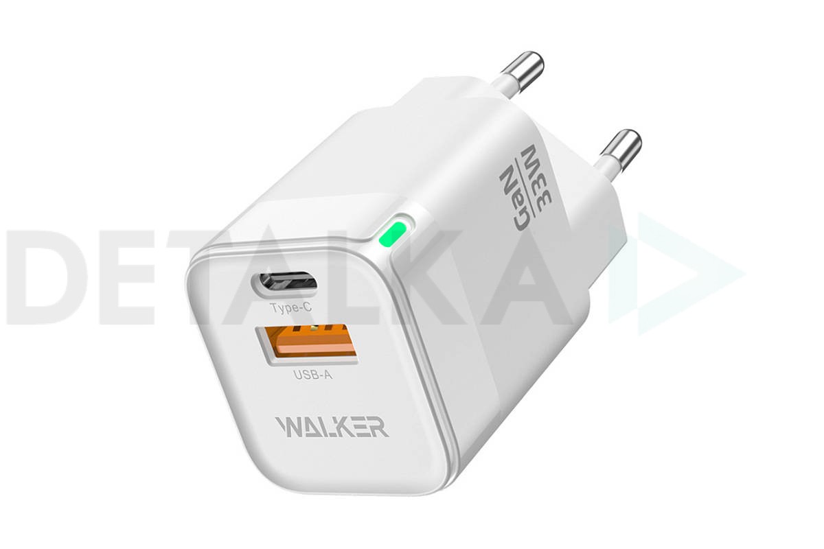 Сетевое зарядное устройство USB + USB-C WALKER WH-43 GaN, 3А, 33Вт, быстрая  зарядка QC 3.0+PD, белое в Детальке купить,