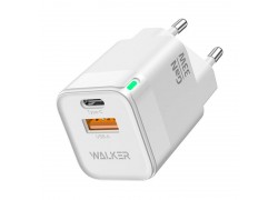 Сетевое зарядное устройство USB + USB-C WALKER WH-43 GaN, 3А, 33Вт, быстрая зарядка QC 3.0+PD, белое