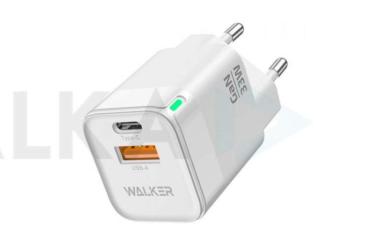 Сетевое зарядное устройство USB + USB-C WALKER WH-43 GaN, 3А, 33Вт, быстрая зарядка QC 3.0+PD, белое