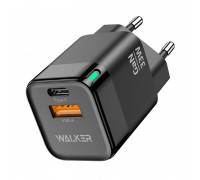 Сетевое зарядное устройство USB + USB-C WALKER WH-43 GaN, 3А, 33Вт, быстрая зарядка QC 3.0+PD, черное