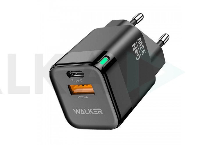 Сетевое зарядное устройство USB + USB-C WALKER WH-43 GaN, 3А, 33Вт, быстрая зарядка QC 3.0+PD, черное