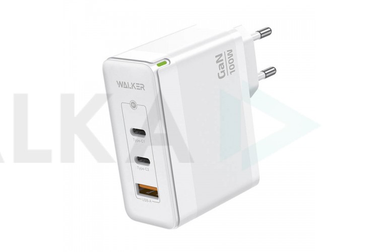 Сетевое зарядное устройство USB + 2 USB-C WALKER WH-47 GaN, 3.25А, 100Вт, быстрая зарядка QC 3.0+PD, белое