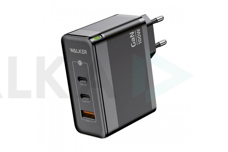 Сетевое зарядное устройство USB + 2 USB-C WALKER WH-47 GaN, 3.25А, 100Вт, быстрая зарядка QC 3.0+PD, черное