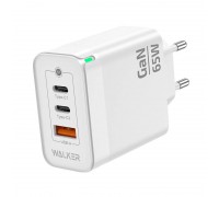 Сетевое зарядное устройство USB + 2 USB-C  WALKER WH-45 GaN, 3.25А, 65Вт, быстрая зарядка QC 3.0+PD, белое