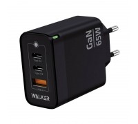 Сетевое зарядное устройство USB + 2 USB-C WALKER WH-45 GaN, 3.25А, 65Вт, быстрая зарядка QC 3.0+PD, черное