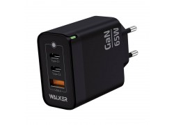 Сетевое зарядное устройство USB + 2 USB-C WALKER WH-45 GaN, 3.25А, 65Вт, быстрая зарядка QC 3.0+PD, черное