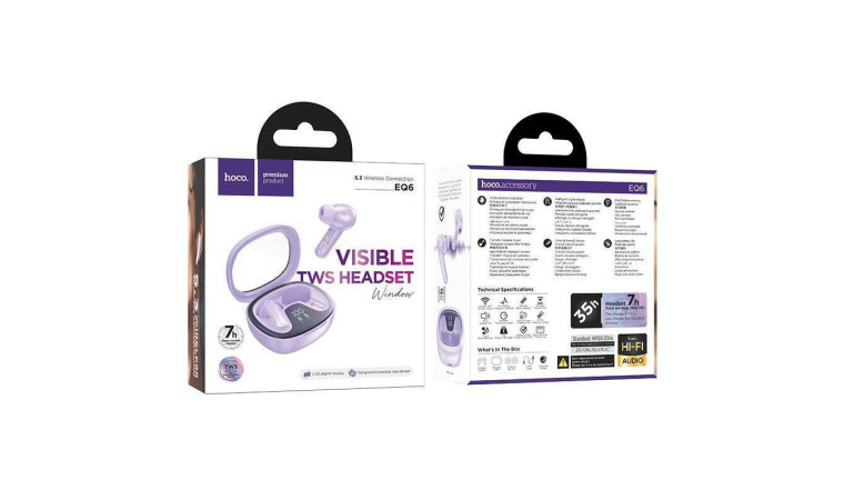 Наушники вакуумные беспроводные HOCO EQ6 Shadow true wireless BT headset (фиолетовый) Наушники вакуумные беспроводные HOCO EQ6 Shadow true wireless BT headset (фиолетовый)