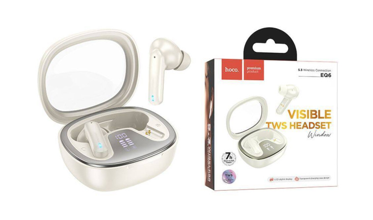Наушники вакуумные беспроводные HOCO EQ6 Shadow true wireless BT headset (молочный белый) Наушники вакуумные беспроводные HOCO EQ6 Shadow true wireless BT headset (молочный белый)