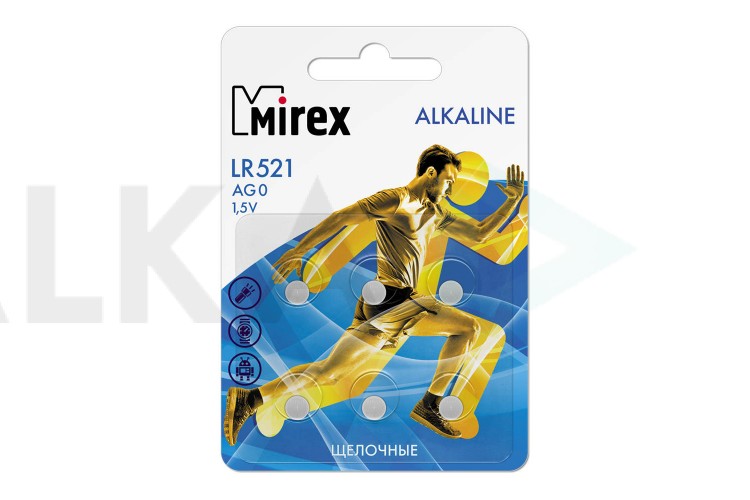 Батарейка часовая Mirex AG0 / LR521  1,5V  6 шт блистер (цена за блистер 6 шт) 23702-LR521-E6