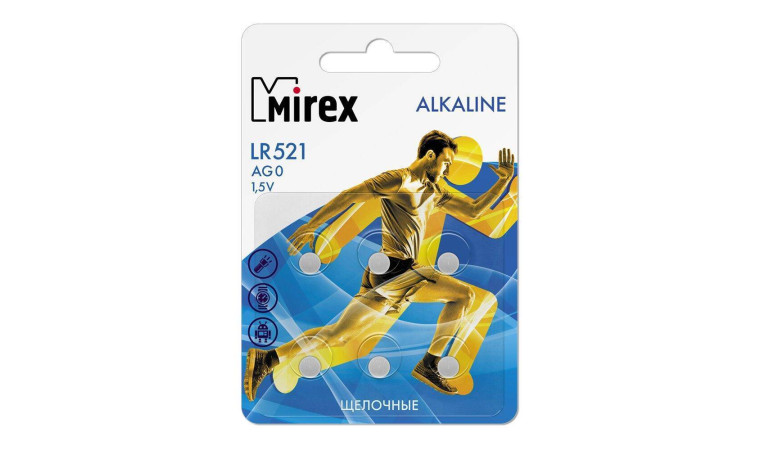 Батарейка часовая Mirex AG0 / LR521  1,5V  6 шт блистер (цена за блистер 6 шт) 23702-LR521-E6