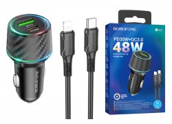 Автомобильное зарядное устройство АЗУ USB + Type-C + кабель Lightning BOROFONE BZ21 Briliant dual port PD 48W + QC3.0 (черный)