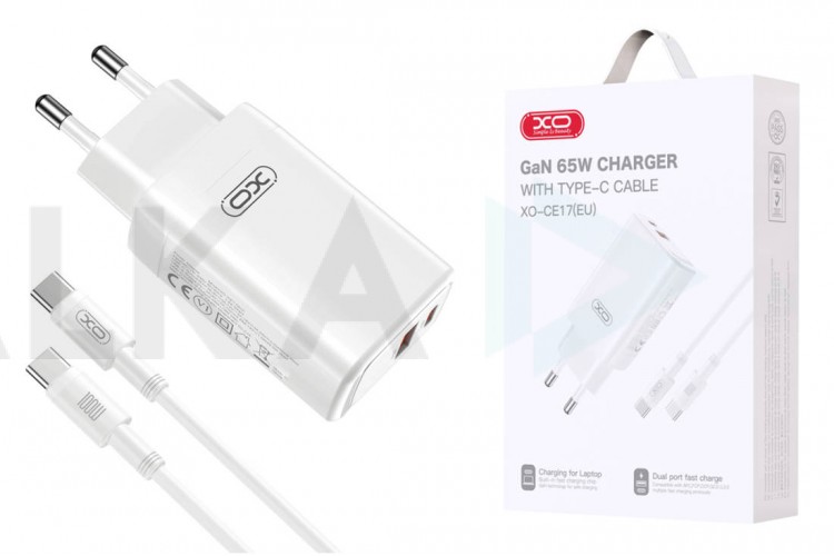 Сетевое зарядное устройство USB + USB-C + кабель Type-C – Type-C XO CE17(EU) 65W GaN Fast Charger (1USB-C 65W/1USB-A 22.5W) White