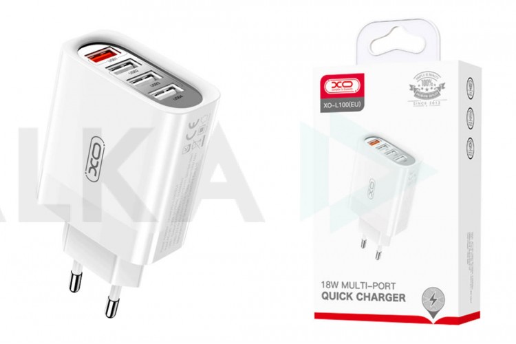 Сетевое зарядное устройство 4USB XO L100(EU)  fast charging charger 1USB QC3.0+3USB 2.4A White