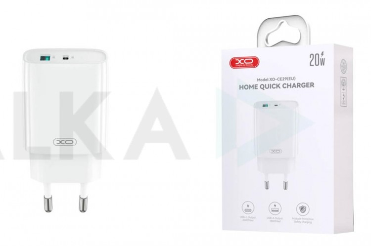 Сетевое зарядное устройство USB + USB-C XO CE29 20W 1USB-A+1USB-C Fast Charger White