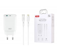 Сетевое зарядное устройство USB + USB-C + кабель Lightning-Type-C XO CE29 20W Fast Charger White