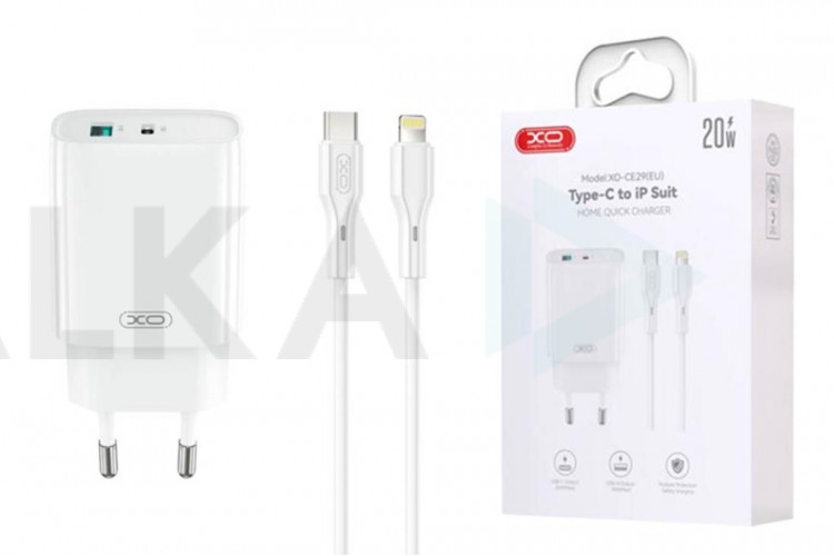 Сетевое зарядное устройство USB + USB-C + кабель Lightning-Type-C XO CE29 20W Fast Charger White