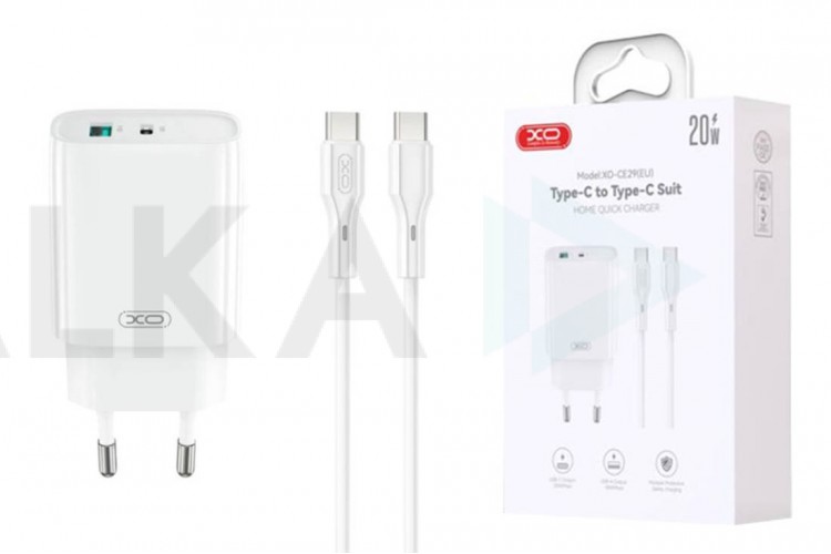 Сетевое зарядное устройство USB + USB-C + кабель Type-C – Type-C XO CE29 20W Fast Charger White