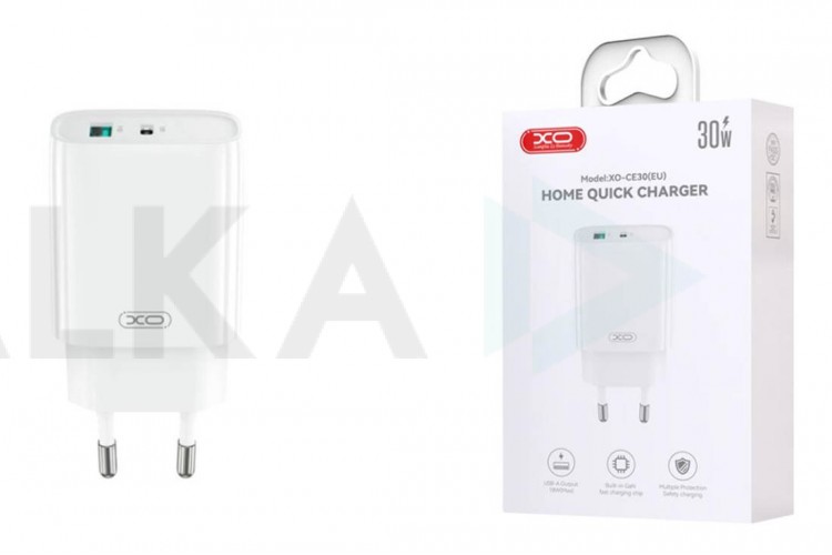 Сетевое зарядное устройство USB + USB-C XO CE30 30W  fast charger White