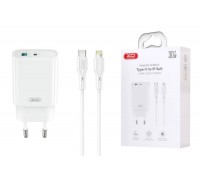 Сетевое зарядное устройство USB + USB-C + кабель Lightning-Type-C XO CE30 30W Fast Charger White