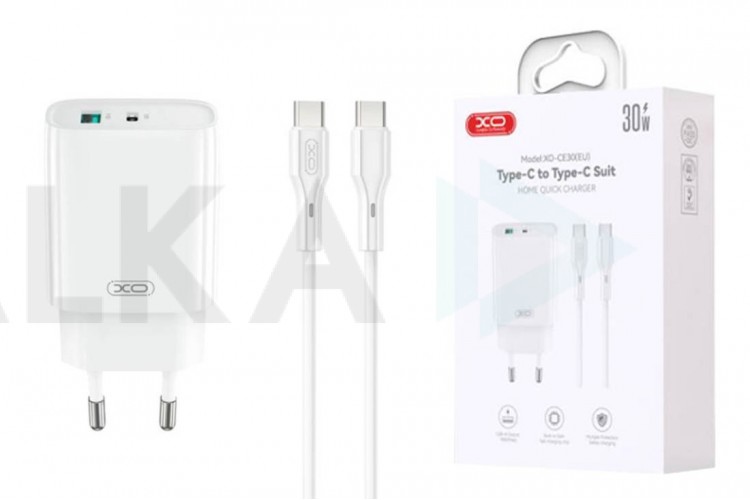 Сетевое зарядное устройство USB + USB-C + кабель Type-C – Type-C XO CE30 30W Fast Charger White