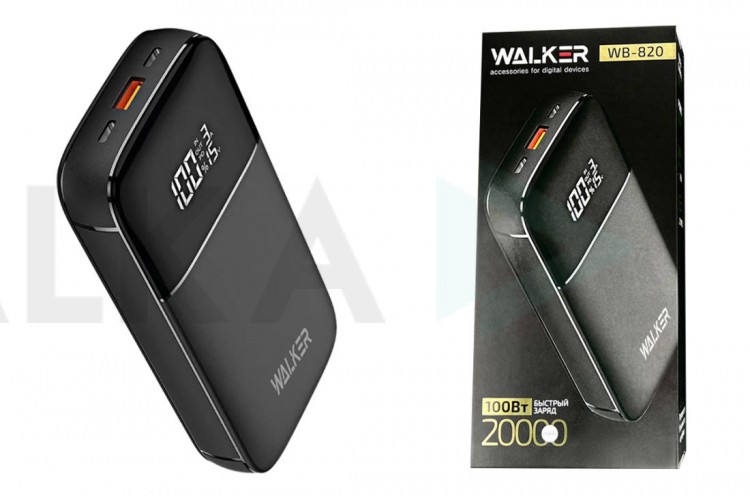 Универсальный дополнительный аккумулятор Power Bank Walker WB-820, Li-Pol, 100W, поддержка QC+PD, (20000 mAh) черный