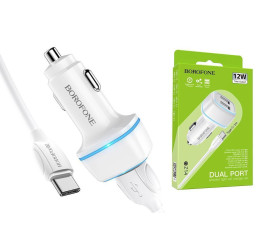 Автомобильное зарядное устройство АЗУ 2USB + кабель Type-C BOROFONE BZ14 Max 2400 mAh (белый)