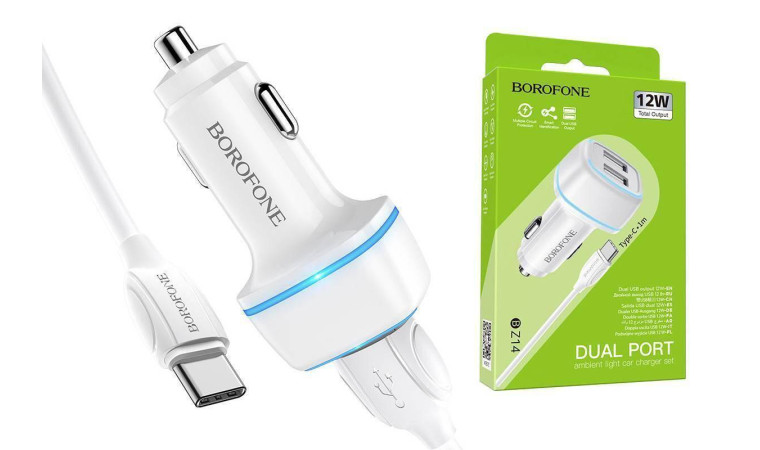 Автомобильное зарядное устройство АЗУ 2USB + кабель Type-C BOROFONE BZ14 Max 2400 mAh (белый)