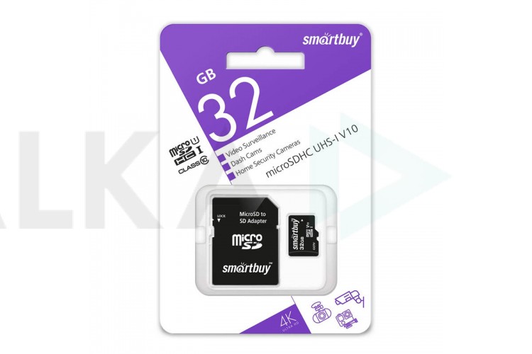 Карта памяти microSDHC Smartbuy 032GB cl10 U1 V10 для видеонаблюдения (с адаптером SD)