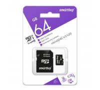 Карта памяти microSDHC Smartbuy 064GB cl10 U3 V30 для видеонаблюдения (с адаптером SD)