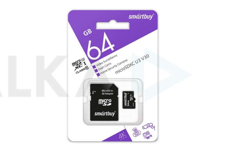 Карта памяти microSDHC Smartbuy 064GB cl10 U3 V30 для видеонаблюдения (с адаптером SD)