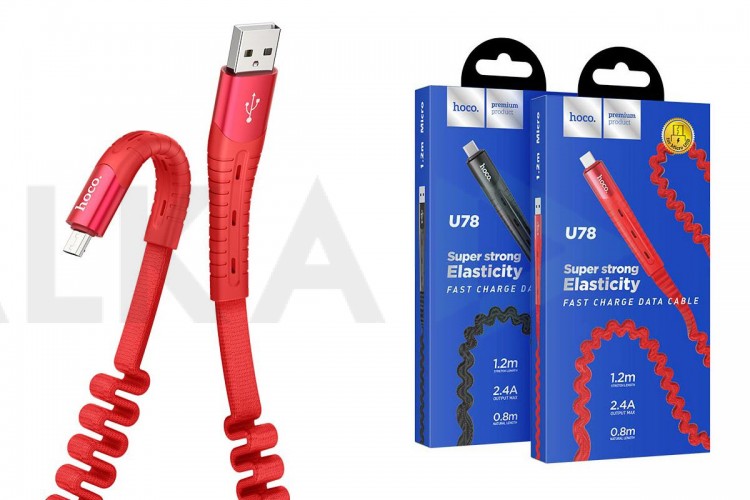 Кабель USB - MicroUSB HOCO U78 2,4A (красный) 1,2м (в оплетке, усиление сгиба)