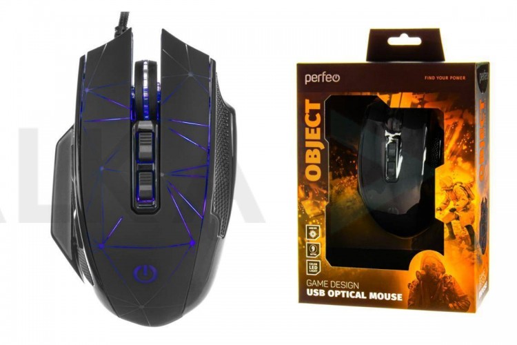 Мышь игровая проводная Perfeo "OBJECT", 9 кн, USB 4 цв. подсветка, 1000-6400 DPI PF_B4890 (черный)