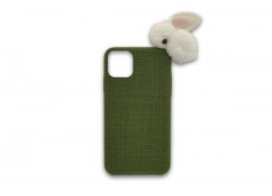 Чехол для iPhone 11 Pro (5.8) льняной с мягкой игрушкой "Кролик" (зеленый)