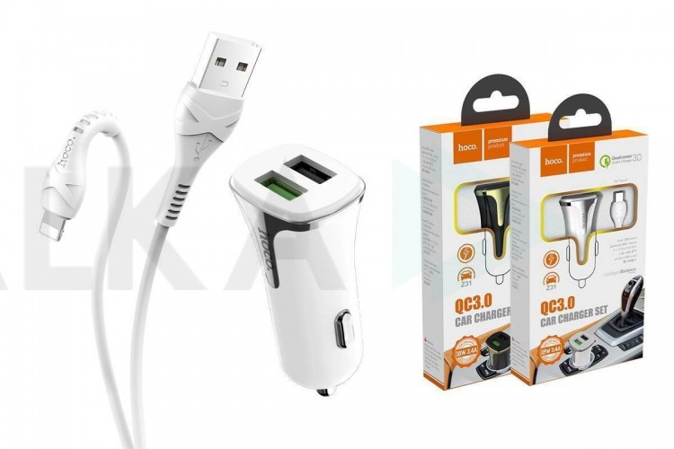 Автомобильное зарядное устройство АЗУ 2USB + кабель Lightning HOCO Z31 + QC3.0 (белый)