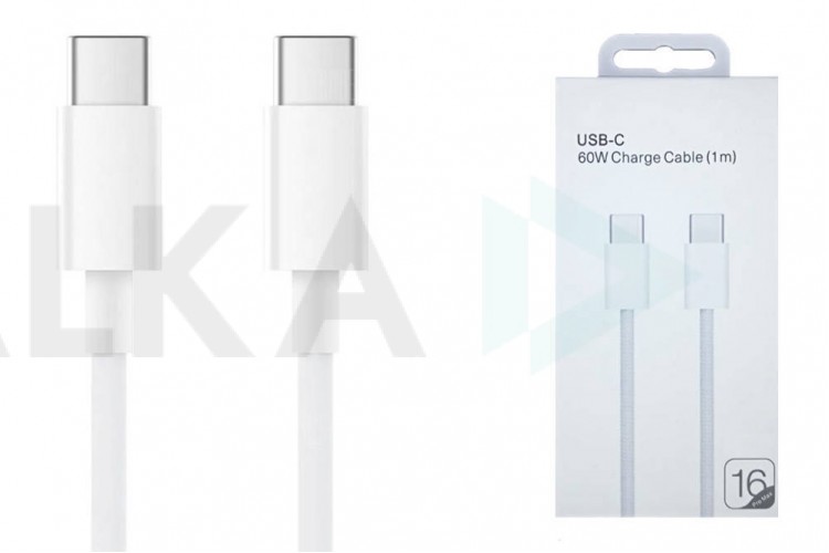 Кабель USB Type-C - USB Type-C 5A/20V, PD60W iP16  (копия ААА) (белый) 1м