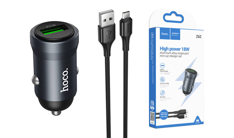 Автомобильное зарядное устройство АЗУ USB-A + кабель Mciro USB - USB HOCO Z62 Energy single-port QC3.0 (металлический серый)