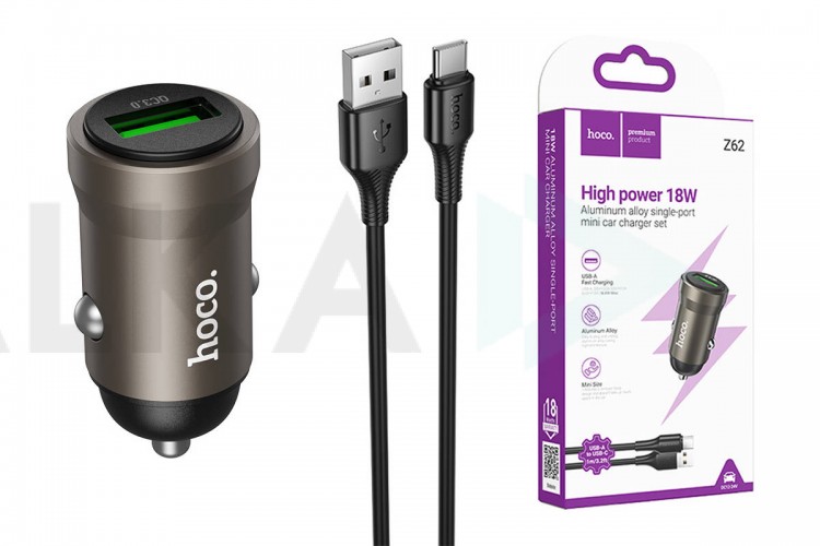 Автомобильное зарядное устройство АЗУ USB-A + кабель Type-C - USB HOCO Z62 Energy single-port QC3.0 (золотой)