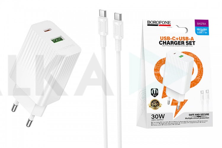 Сетевое зарядное устройство USB-C+ кабель Type-C - Type-C BOROFONE BAS76A Source PD30W+QC3.0 (белый)