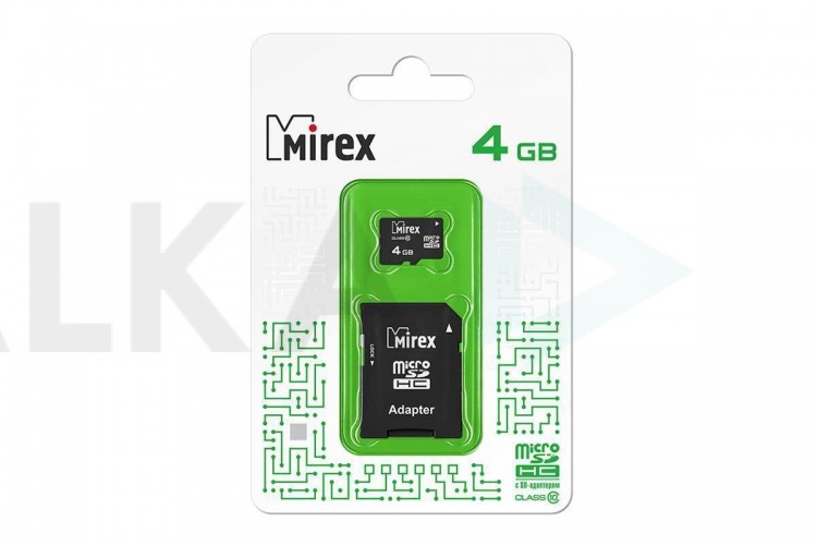 Карта памяти microSDHC MIREX 4 GB (class 10) с адаптером (13613-AD10SD04)