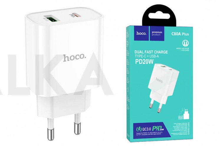 Сетевое зарядное устройство USB + USB-C HOCO C80A Plus Rapido PD20W+ QC3.0 (белый)