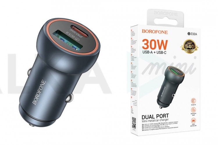 Автомобильное зарядное устройство АЗУ USB + Type-C BOROFONE BZ32A Fresh PD30W+QC3.0 (металлический серый)