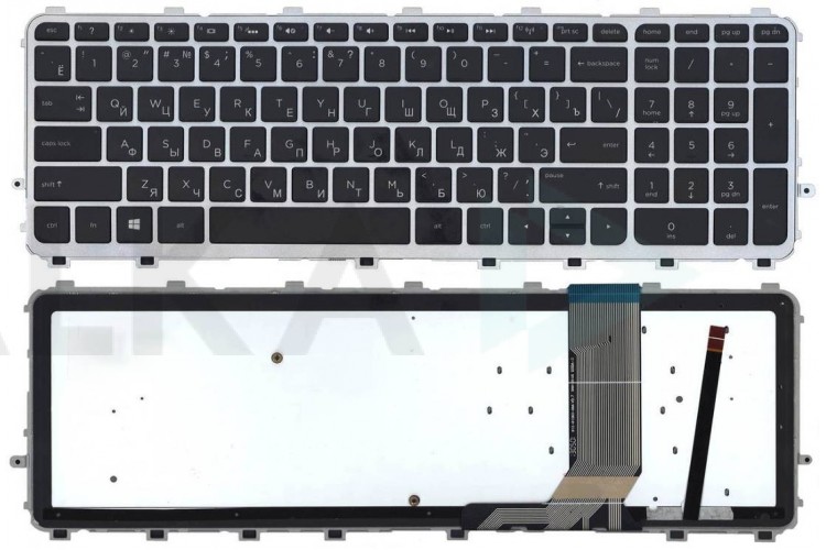 Клавиатура для ноутбука HP Envy 15-j000 черная с серебристой рамкой с подсветкой
